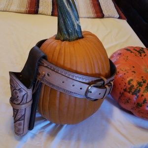 Hand tooled leather gun belt, holster size 36